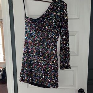 One-Shoulder Multicolor Sequin Mini Dress